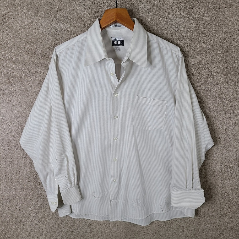 Alfani Shirt Men XL White Gray Striped Fitted Button Up Cotton Blend Long Sleeve